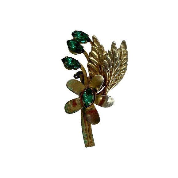 Goldtone and Green Vintage 1960s Brooch Pin Flower Leaf 1.9" - Picture 6 of 6